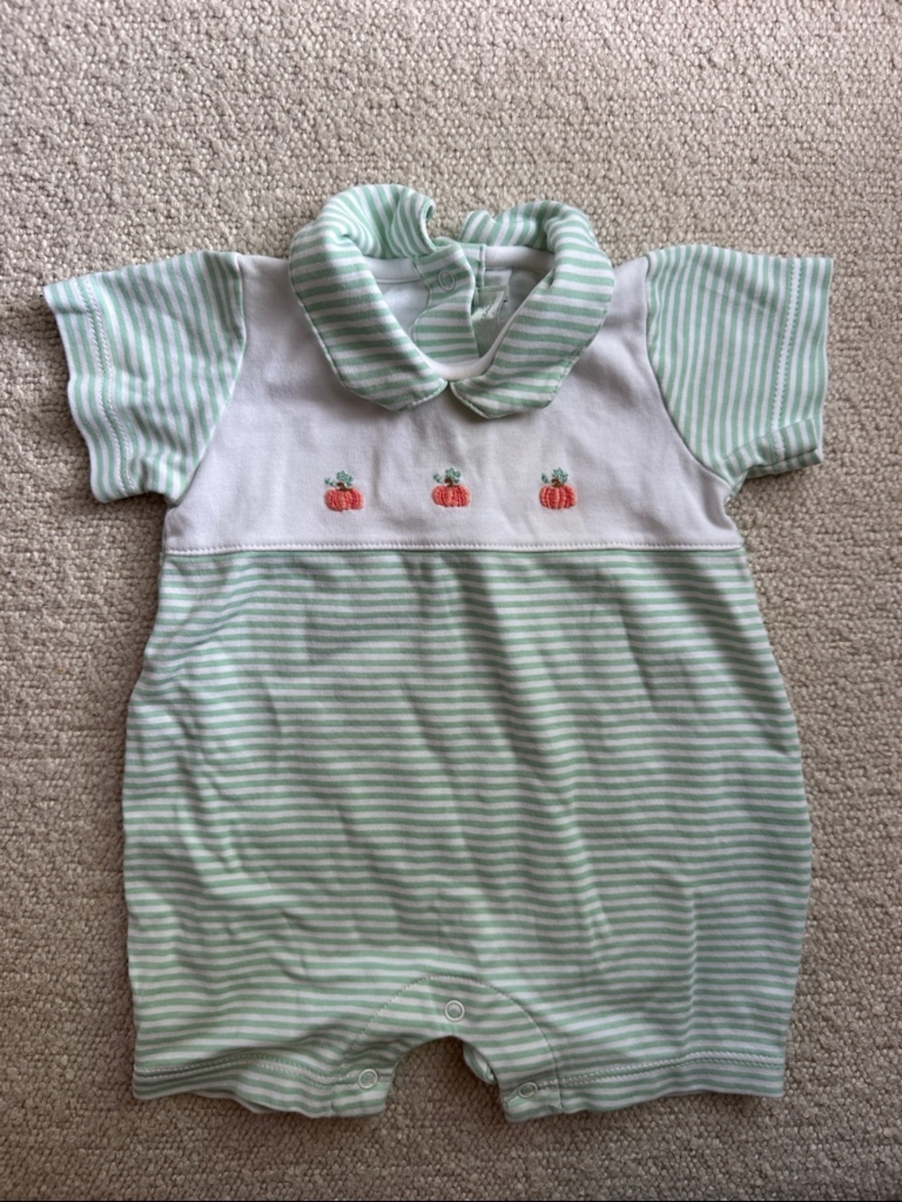 Baby Threads Green & White Striped Collar Romper with Embroidered Pumpkins